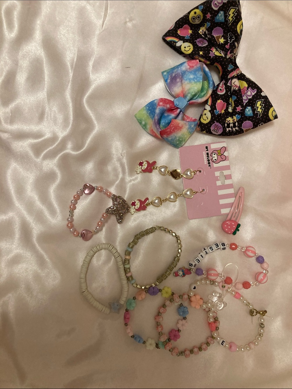Cute Pink & Multicolor Kids Hair Bows and Bracelet Set
